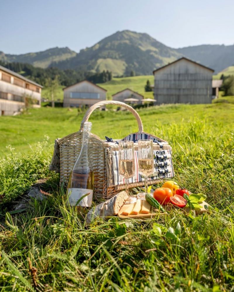 Picnic basket set in the green alps | Fuchsegg Eco Lodge, Bregenzerwald – Design Hotel in the Austrian Alps, Vorarlberg