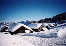 Ski in Vorarlberg, Austria, snow covered chalets in the Austrian Alps close to Bregenzerwald and Lech