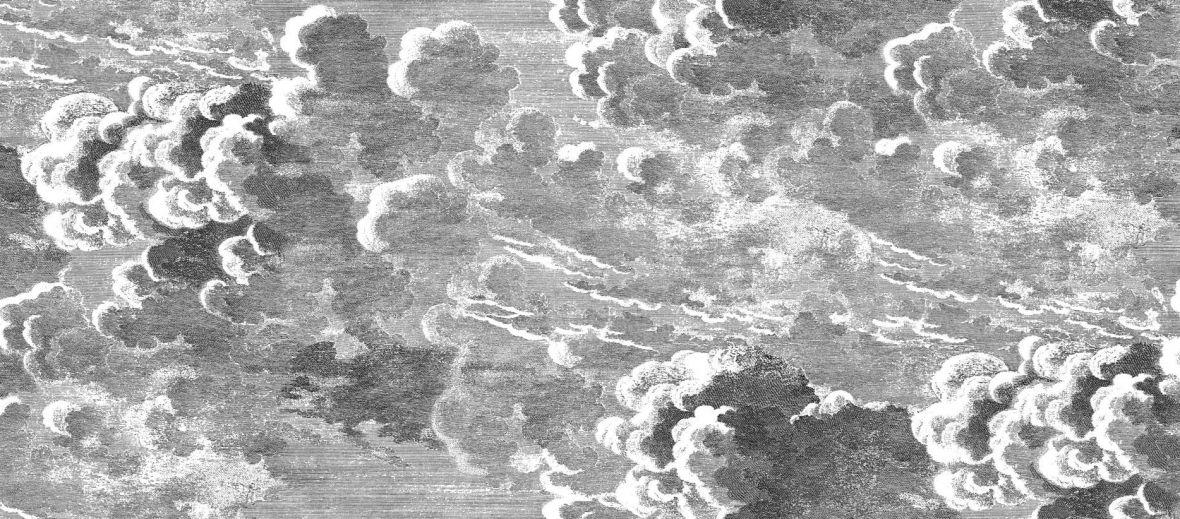 Photo of design pioneer Piero Fornasetti's cloud wallpaper, black and white