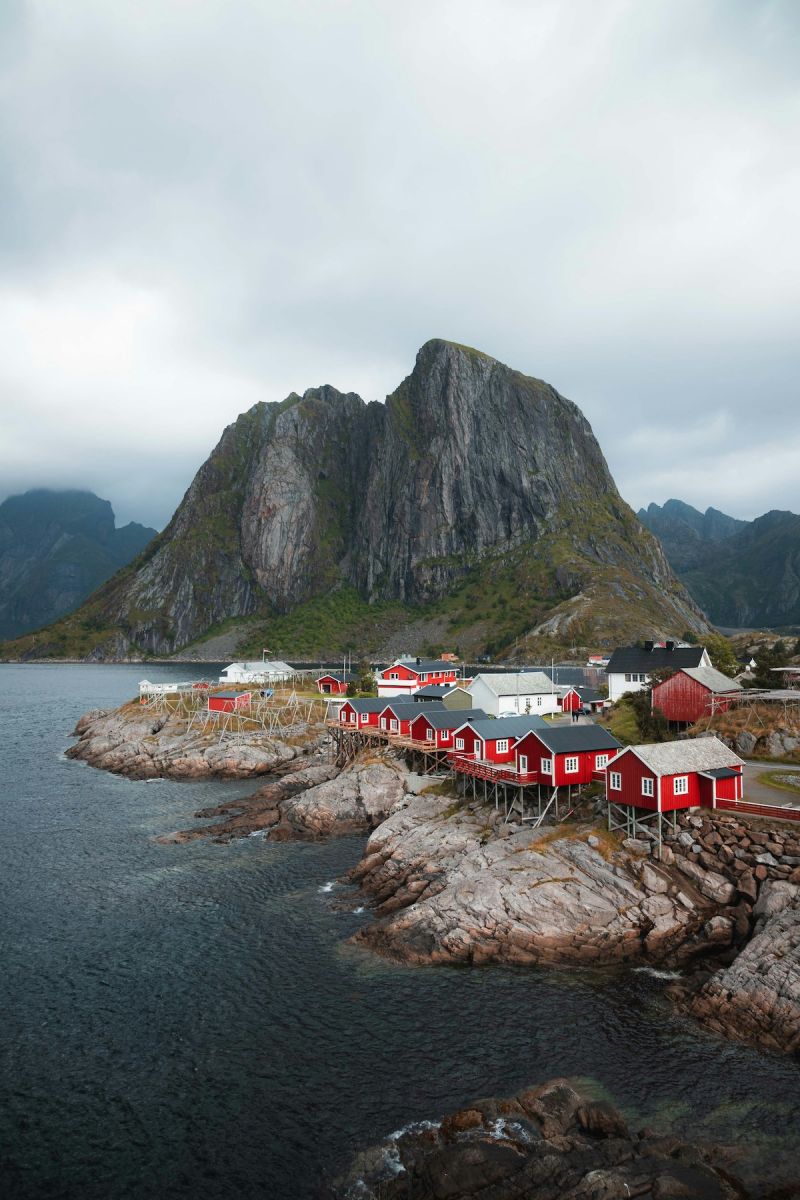 Aerial Birdseye view over Nusfjord Arctic Resort and Village Lofoten | The Colours of Norway – A Design Legacy of Coastal Fishing Villages