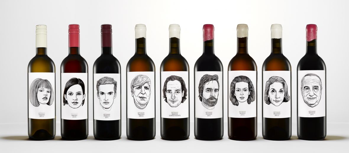 Gut Oggau's wine bottles with labels drawn by artist Jung Von Matt, a famous Austrian brand of vineyards famous for biodynamic approaches