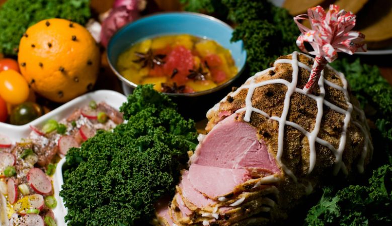 A festive Swedish spread with Christmas ham and other festive foods from Sweden