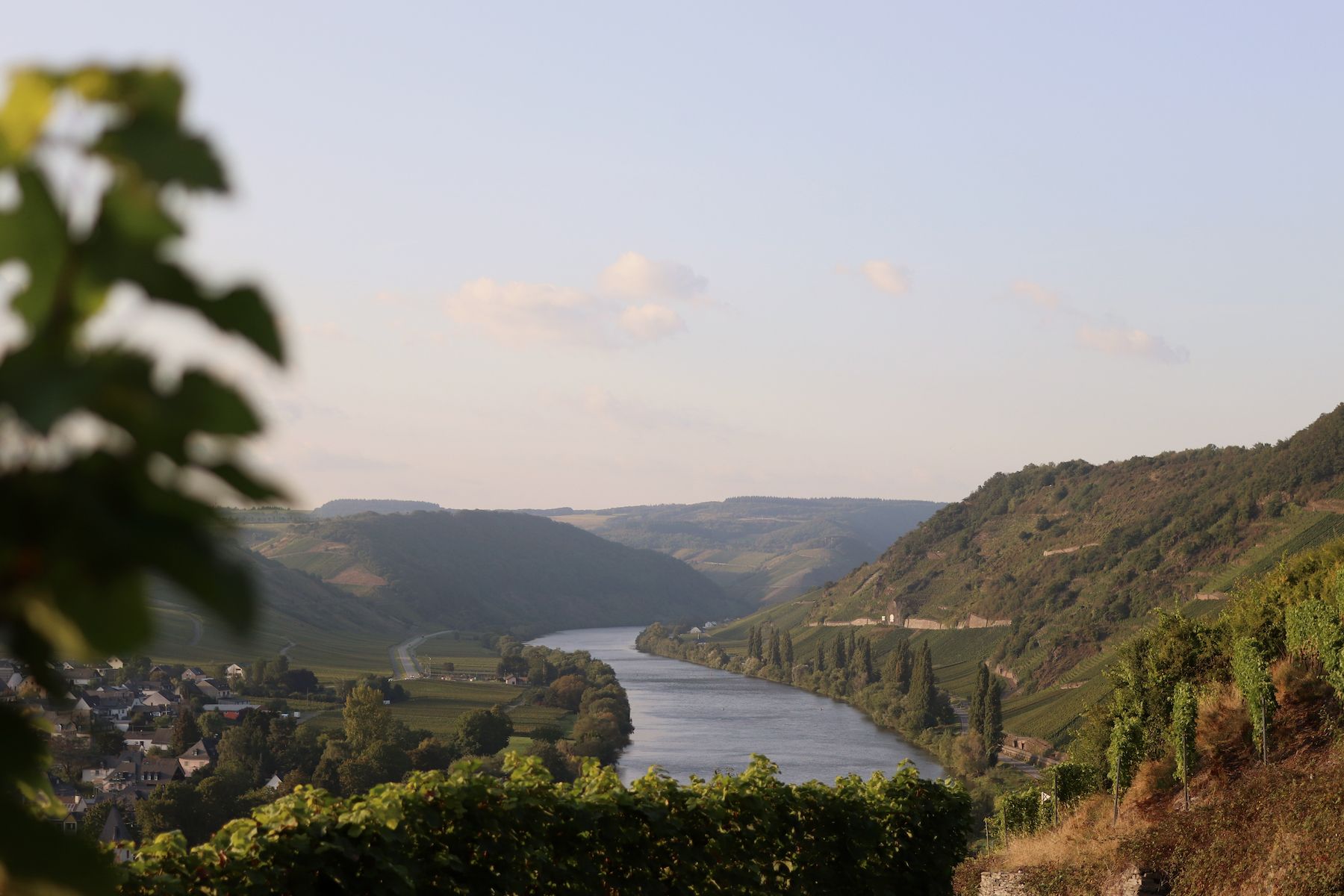 Moselle Valley river bend at dusk with vineyard slopes and village below — Klara Rooms boutique holiday apartments, Trittenheim, Rhineland-Palatinate Germany