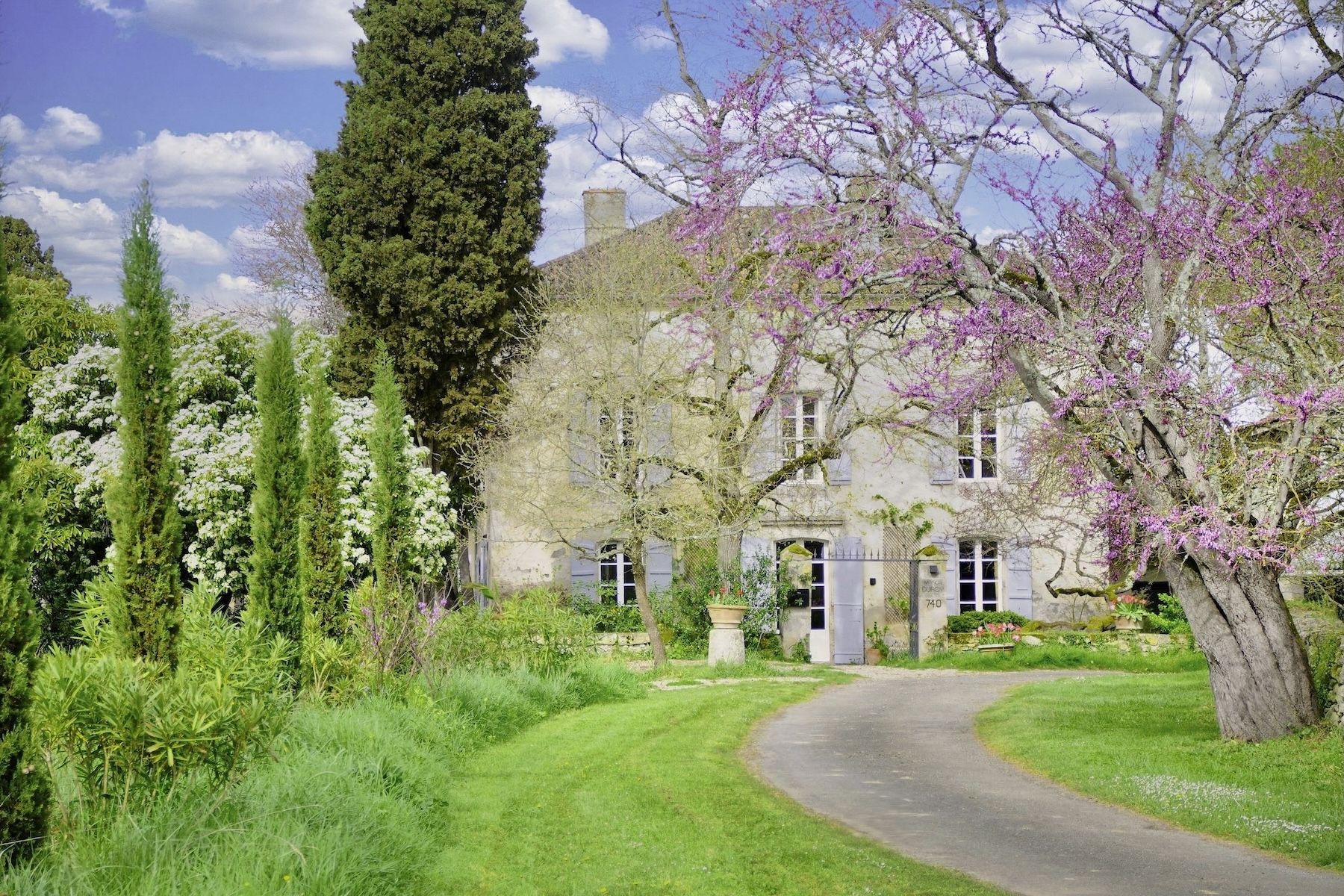 Maison Duroy exterior spring view pink Judas tree blooms honeyed stone facade vert de gris shutters Gascogne countryside | The Aficionados