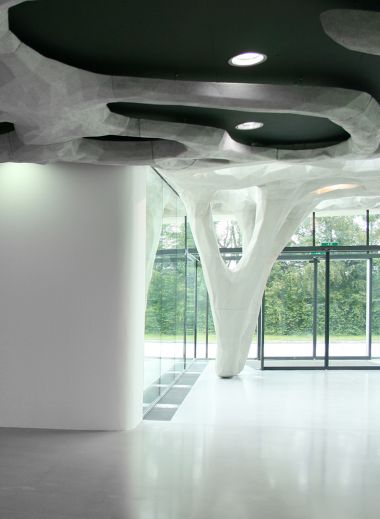 The interior and ceiling of the Salzburg Building Academy, a contemporary feat in architecture and design