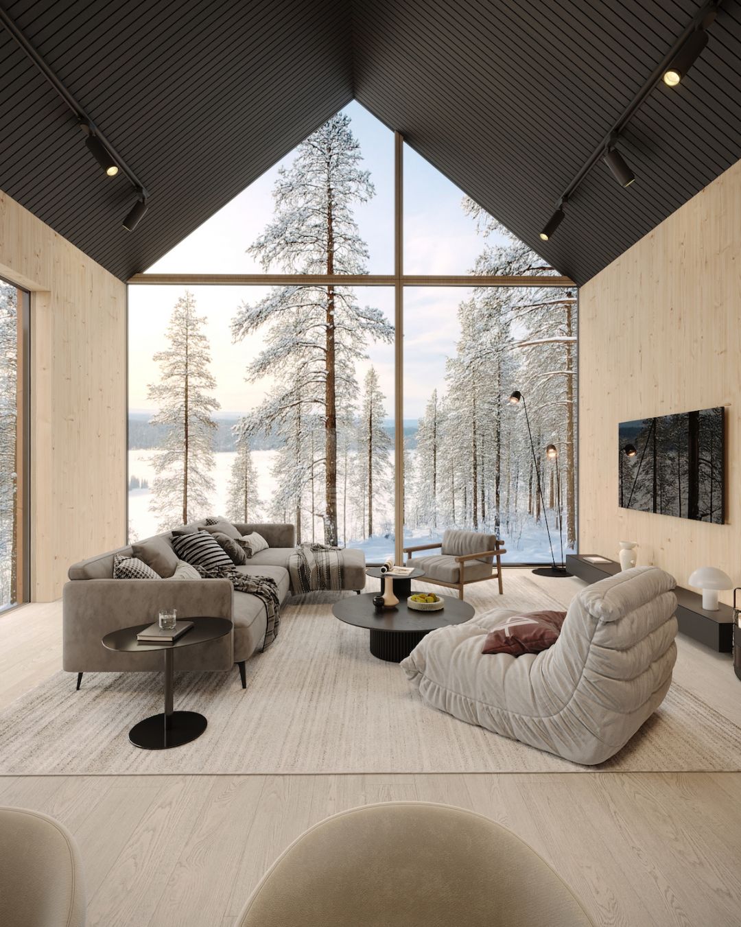 Lounge interior by Kati Anglé and Tapani Takkunen with contemporary Nordic furnishings and panoramic windows framing Lake Inari: Inai Haven Lapland: Luxury Private-Hire Contemporary Timber Villas on Lake Inari, Finland.