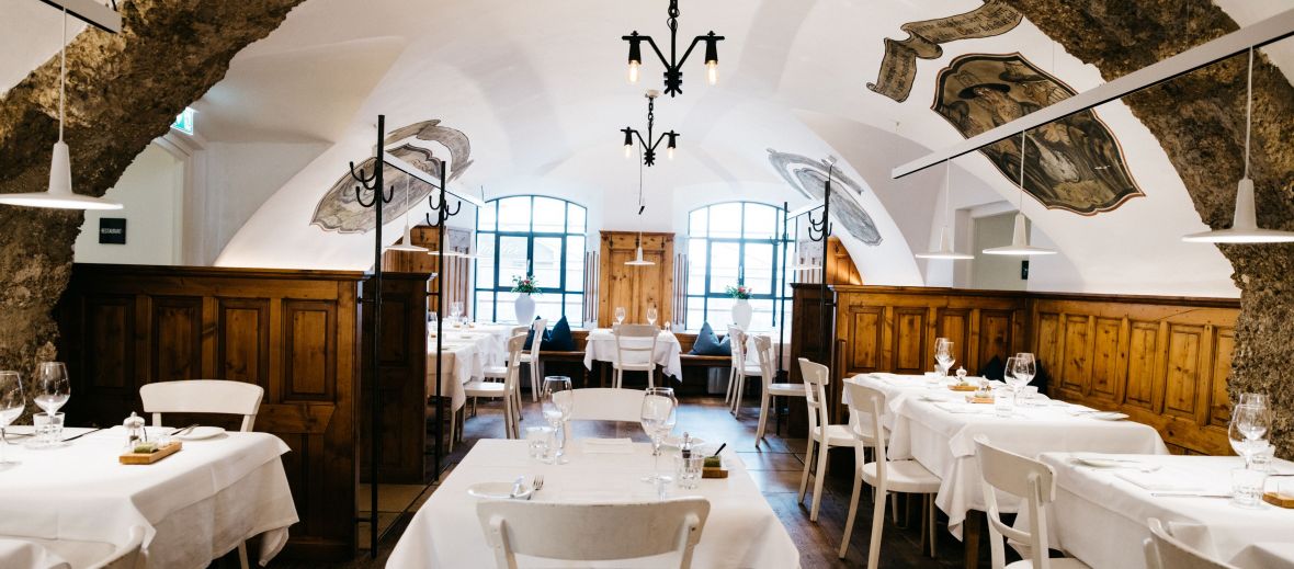 Fabulous Medieival dining rooms serving Delicious region dishes at the Arthotel Blaue Gans in Salzburg, Austria