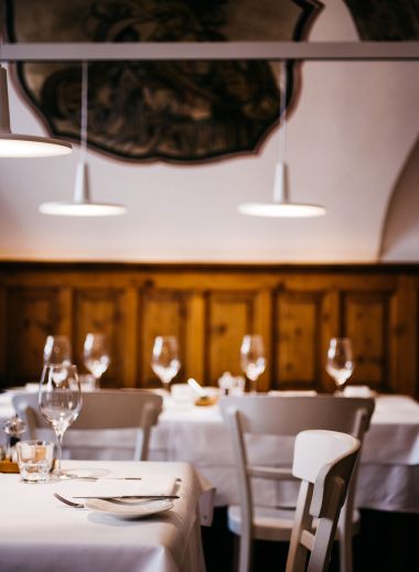 Serving food since 1350 Medieval dining rooms of the Arthotel Blaue Gans in Salzburg, Austria