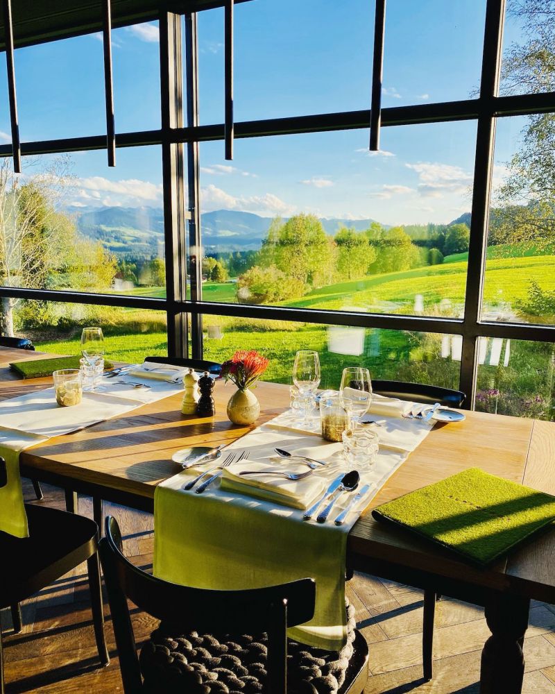 Restaurant Dining with view of the Alps |  Chef Mark Beastall | Aplenloge Guesthouse Hotel in Allgäu, Bavaria, Germany