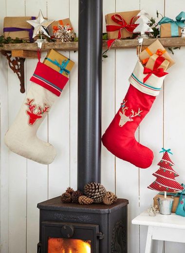 Traditional Swedish stockings with christmas presents and a wood burner