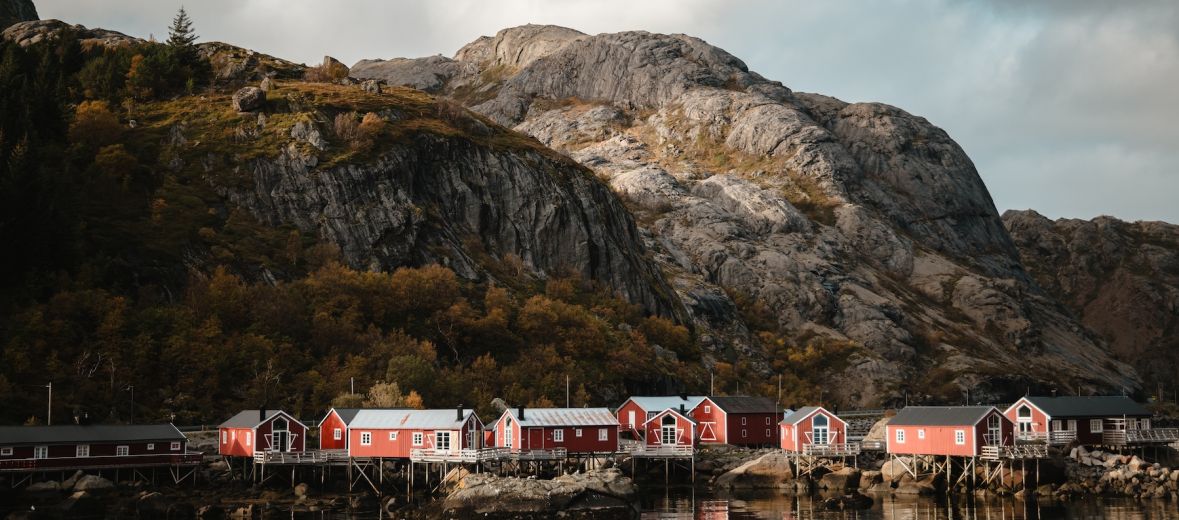 Harbourside view of a Norwegian Heritage Fishing Village at Nusfjord home to a Three Michelin Star Arctic Pop-Up on the Lofoten Archipelago, Norway