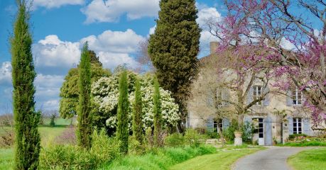 Maison Duroy exterior spring view pink Judas tree blooms honeyed stone facade vert de gris shutters Gascogne countryside | The Aficionados