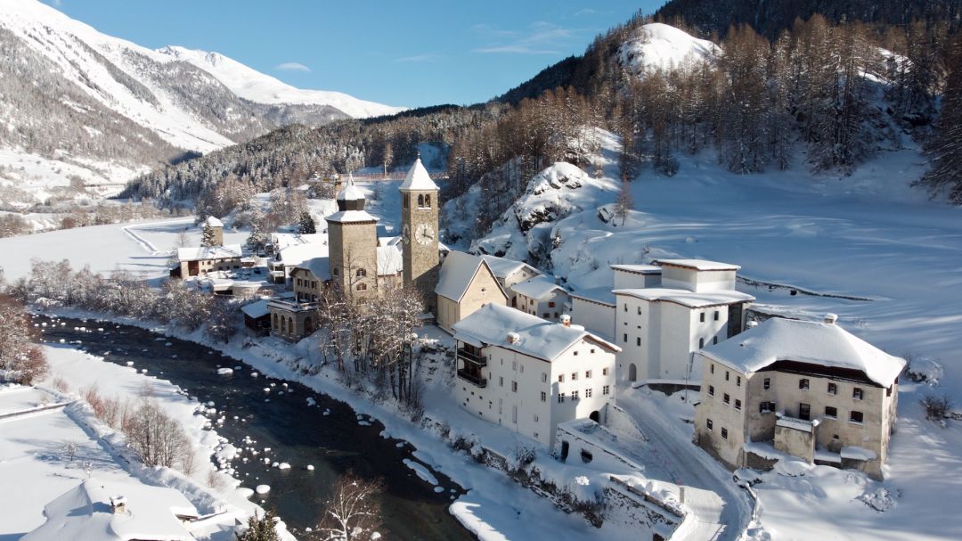 Snowy alpine scene/village from Engadin in Switzerland, home to the Muzeum Susch