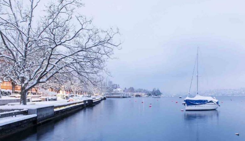 winter river in zurich at christmas time, snowy and cold and pretty