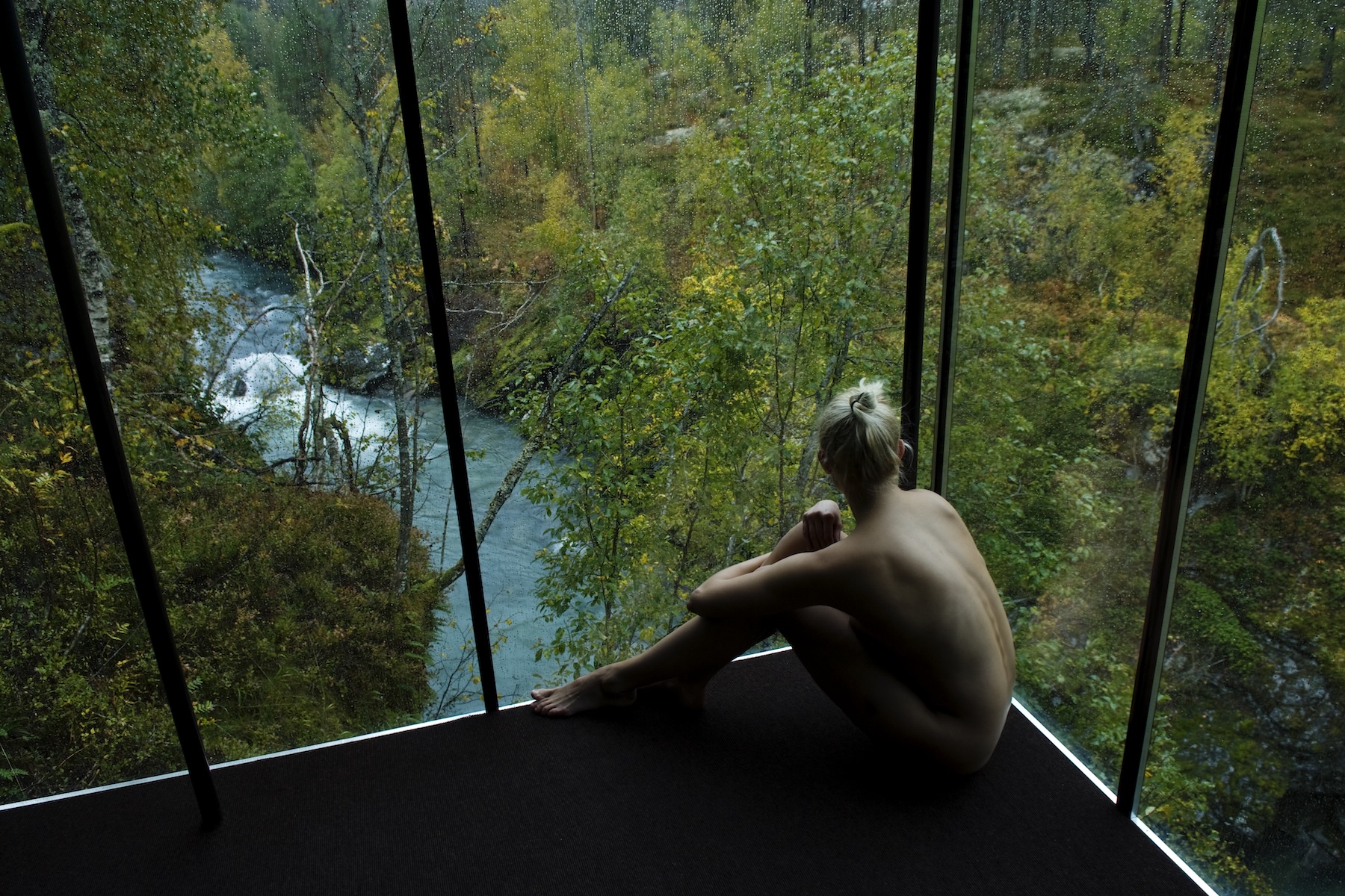 Charred timber and mirrored glass cabin among autumn birches above the Gudbrandsjuvet gorge, by Jensen & Skodvin | Juvet Landscape Hotel, Valldal, Norway | The Aficionados