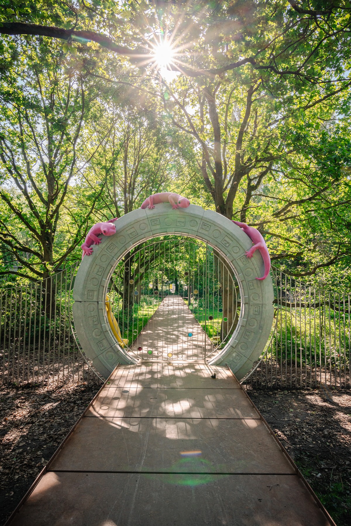 Monster Chetwynd entrance gate with pink salamanders at the Middelheim Museum, Antwerp | The Aficionados