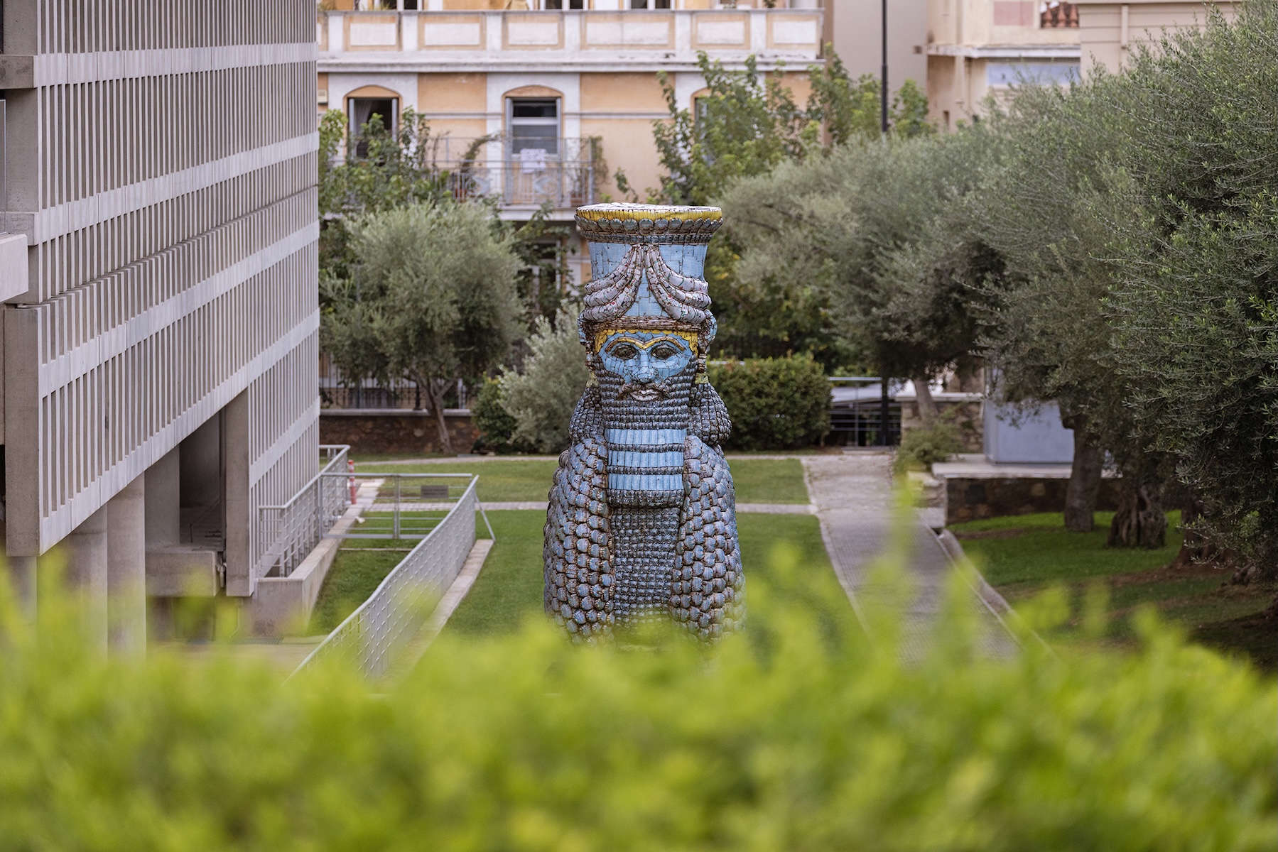 athens-rakowitz-lamassu-acropolis-museum.jpg: Michael Rakowitz's Lamassu of Nineveh made of date syrup tins in the Acropolis Museum garden, Athens | The Aficionados