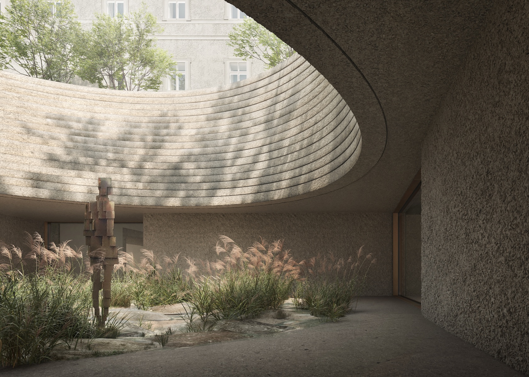 Architectural rendering of a courtyard at Belvedere Salzburg in the rebuilt Neue Residenz, with a figurative sculpture among grasses | The Aficionados