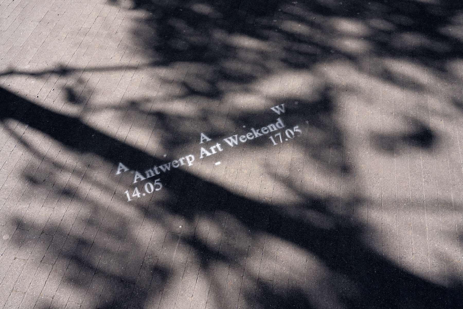 Antwerp Art Weekend stencil on a pavement in dappled tree shadow | The Aficionados