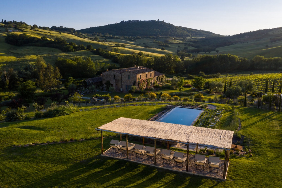 Montefollonico Italy aerial image of Follonico Guesthouse in Tuscany |Stylish Travel to Italy: Boutique Hotels, Design Stays & Culture