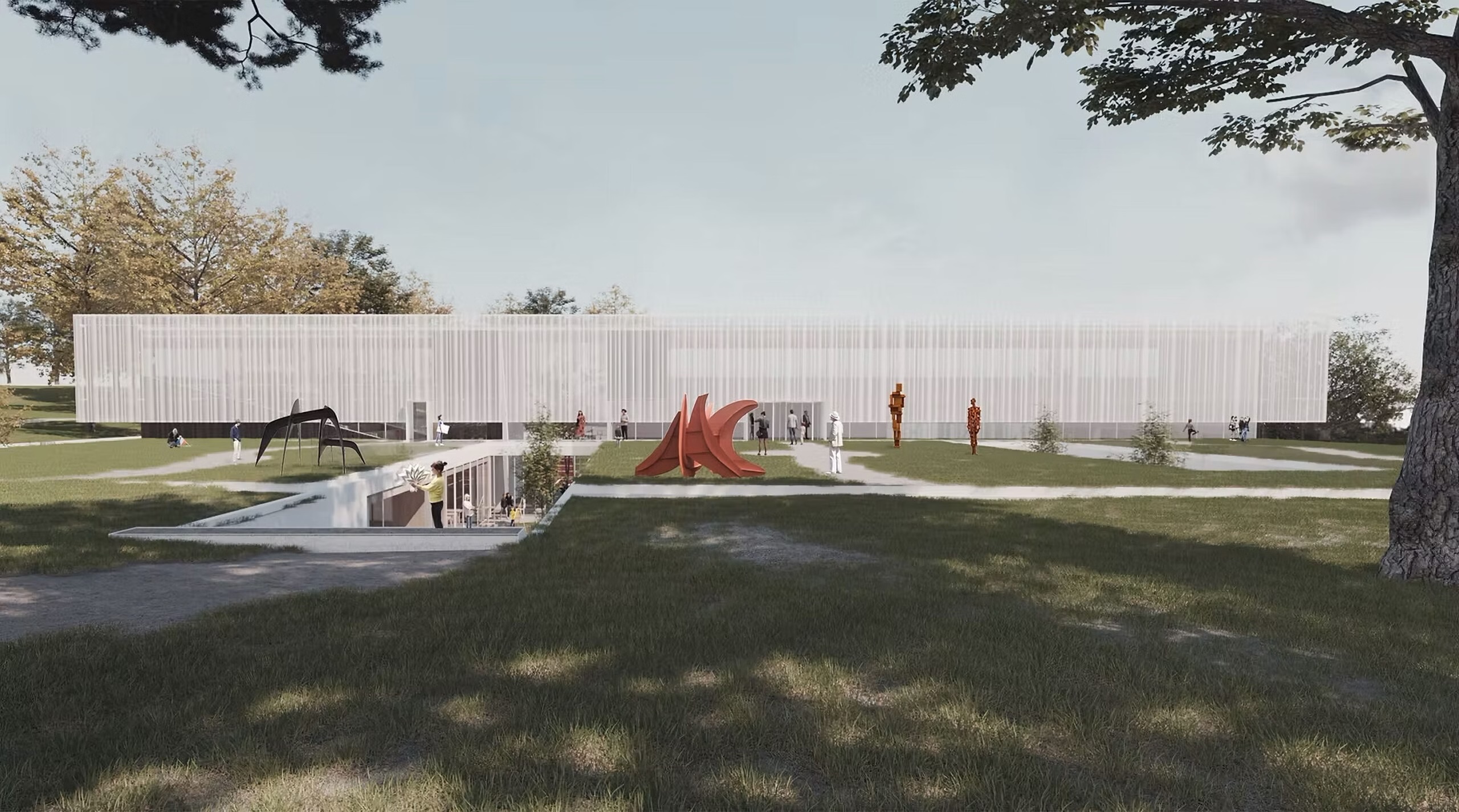 Rendering of the D. Daskalopoulos Arts Building at Athens College with sculpture on the lawn | The Aficionados