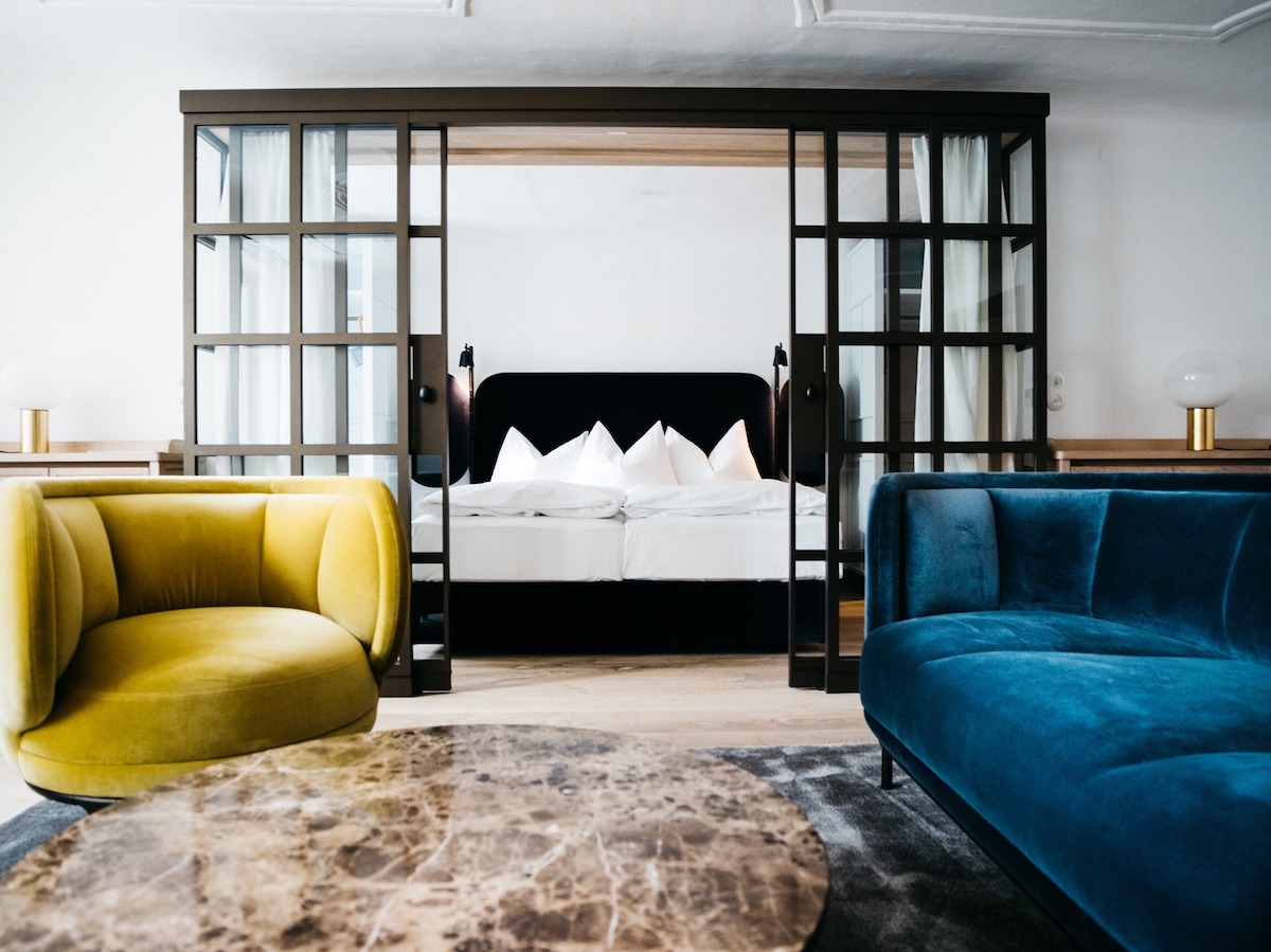 Blaue Gans Boutique Hotel Salzburg Austria. Hoffmann Furninshies in Blue and Yellow | Yellow Pages: Sunshine Tones in Design, Travel & Colour Led Boutique Hotel Style
