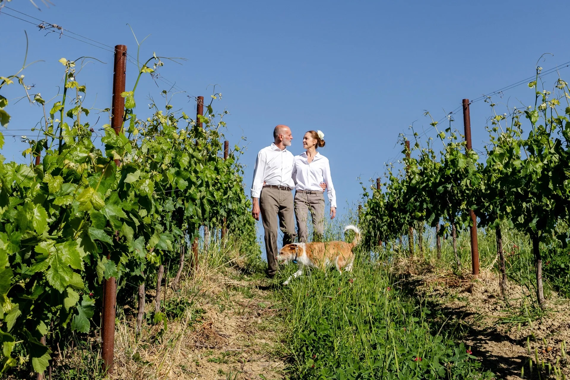 Alida and Alberto at Filodivino Filodivino hotel owners Alida and Alberto welcoming guests during autumn harvest and truffle season in Le Marche, Italy