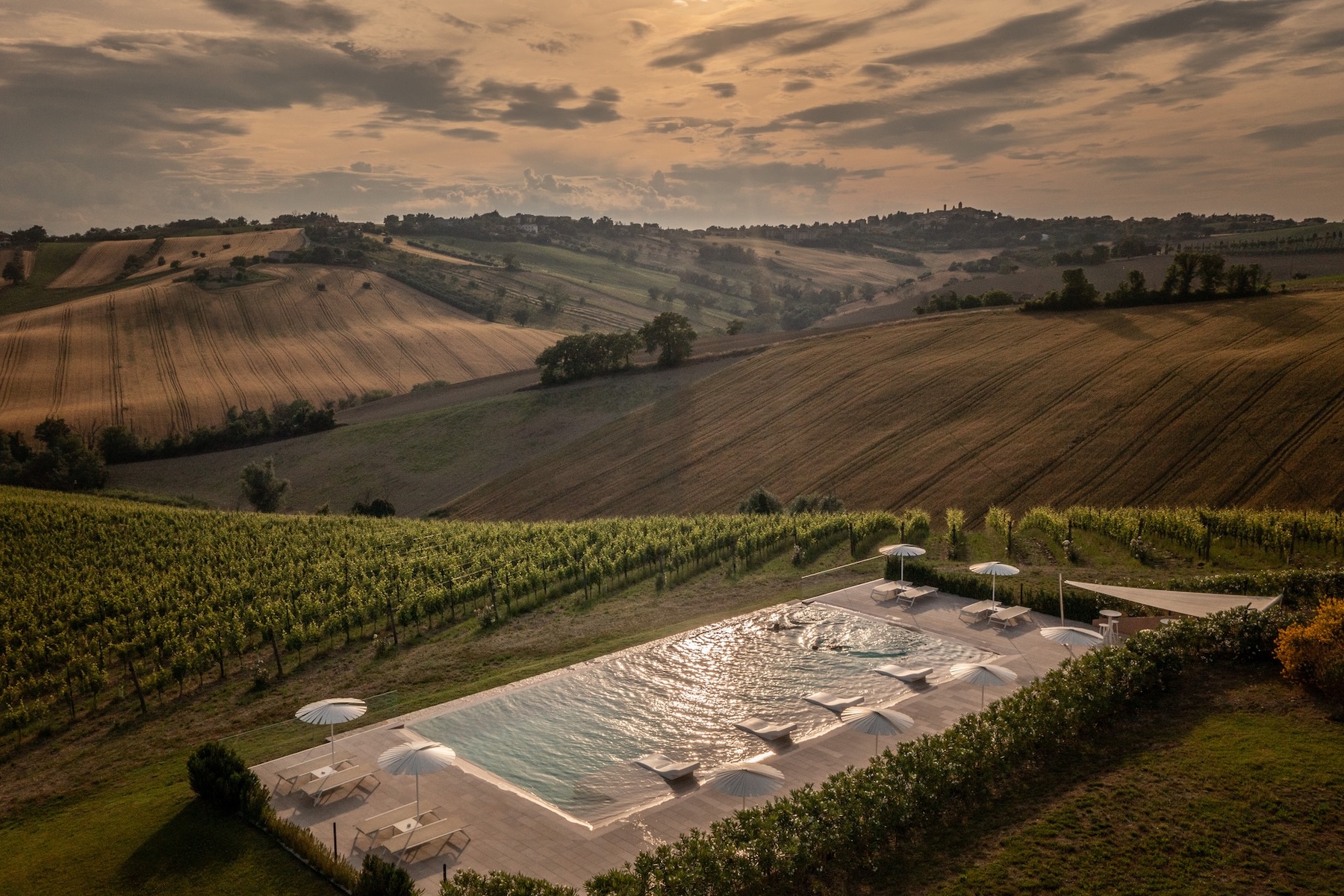 Spa with Vineyard View Filodivino spa overlooking autumn vineyards in Le Marche, Italy during harvest season