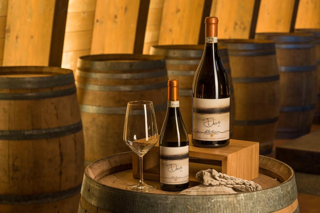 Wine Bottles in sunlight against Barrels =- Wine Production Filodivino Le MArch Italy Boutique Vineyard Hotel 