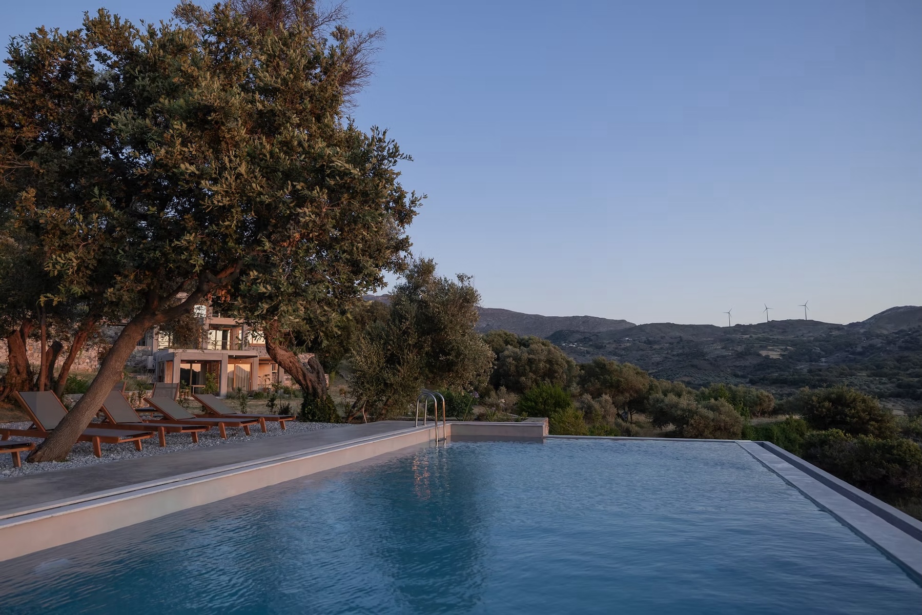 Infinity pool at Meraki Studios at dusk, olive trees and loungers above the Cretan valley near Kissos | The Aficionados