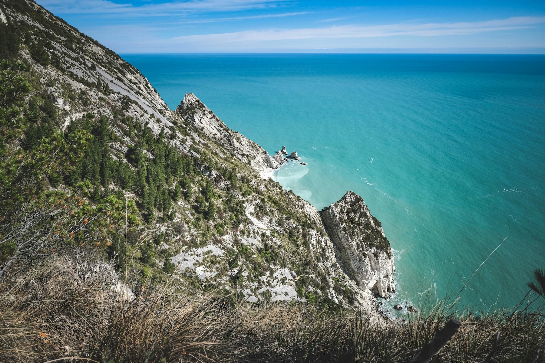 Dramatic limestone cliffs of the Riviera del Conero plunging into turquoise Adriatic waters, Le Marche Italy
