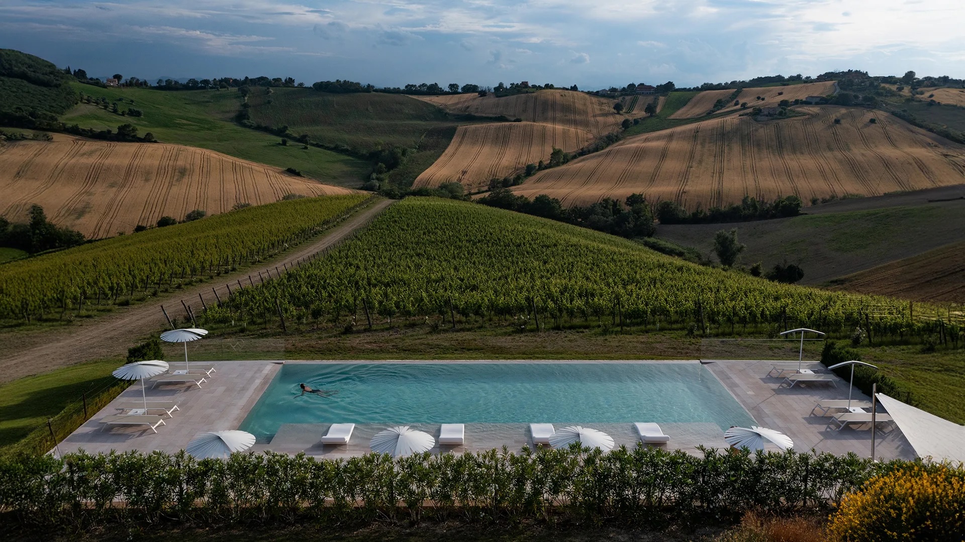 Infinity pool set above a vineyard and rolling wheat fields under a moody sky in Le Marche