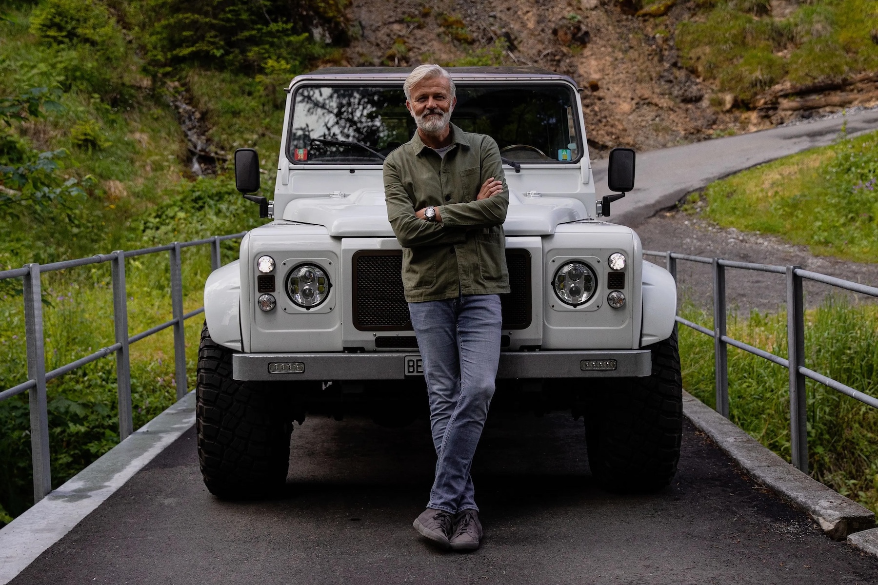  Men and thier cars _ classic white Defender Jeep | The Brecon: Grant Maunder’s Alpine Design Retreat | The Aficionados