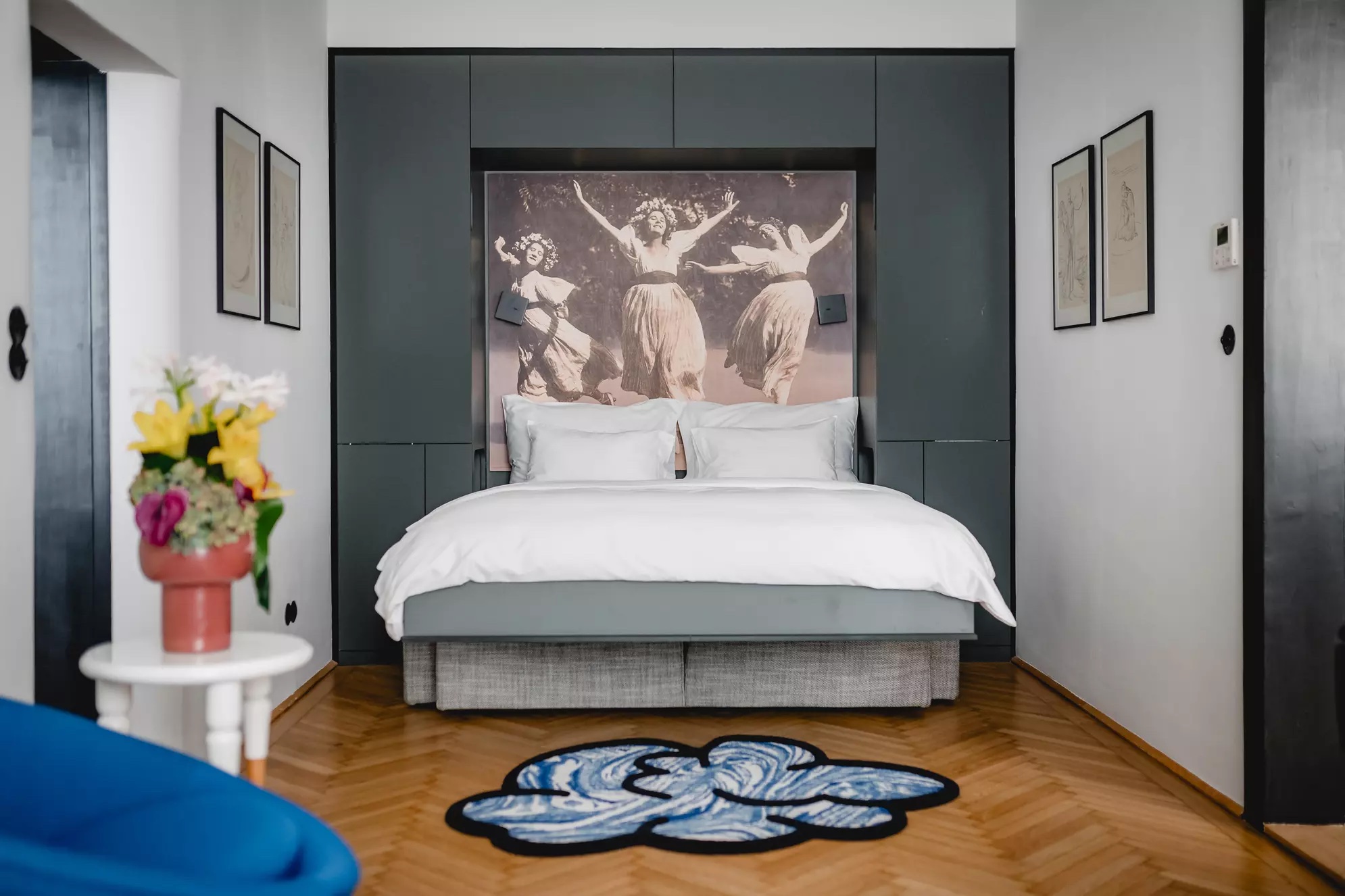 Art infused hotel bedrooom suite | blue them interiors with art | Otto & Co: The Story of Hotel Altstadt Vienna | Otto, Saskia & Lisa Wiesenthal
