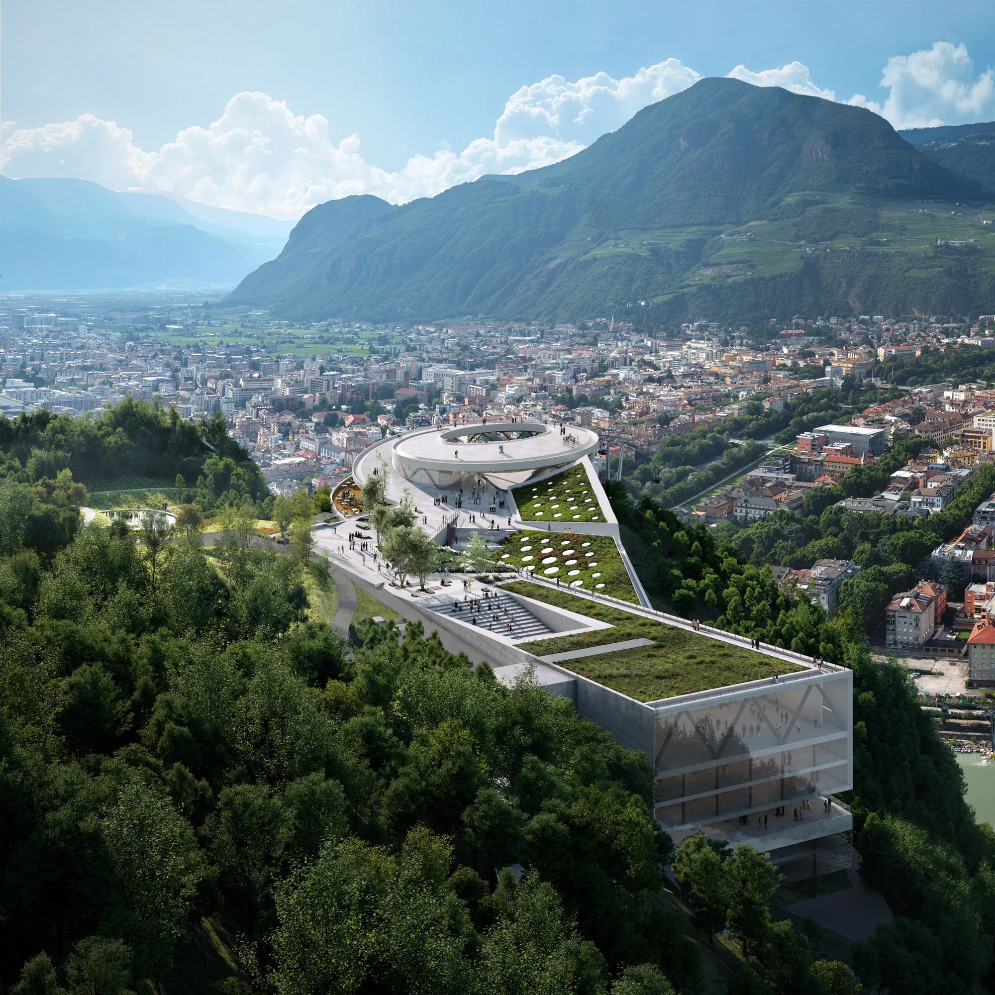 Rendering of Snøhetta’s Viva Virgolo proposal for the Virgl above Bolzano, a ring-shaped cable car station and planted terraces looking over the city | The Aficionados