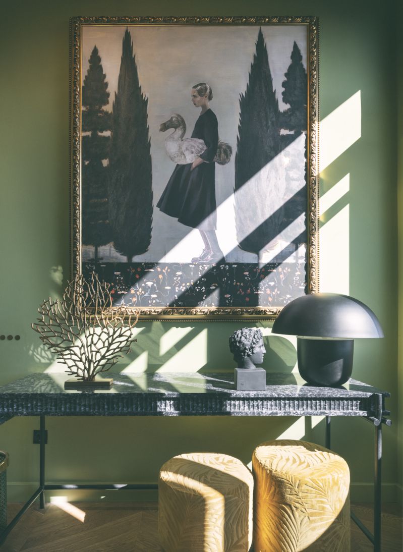 Green walls, yellow chair and loarge contemporary artwork at design hotel Aristide Boutique Hotel Syros Greece |The Art of Desking: Stylish Hotels for Work, Rest & Play – The Aficionados