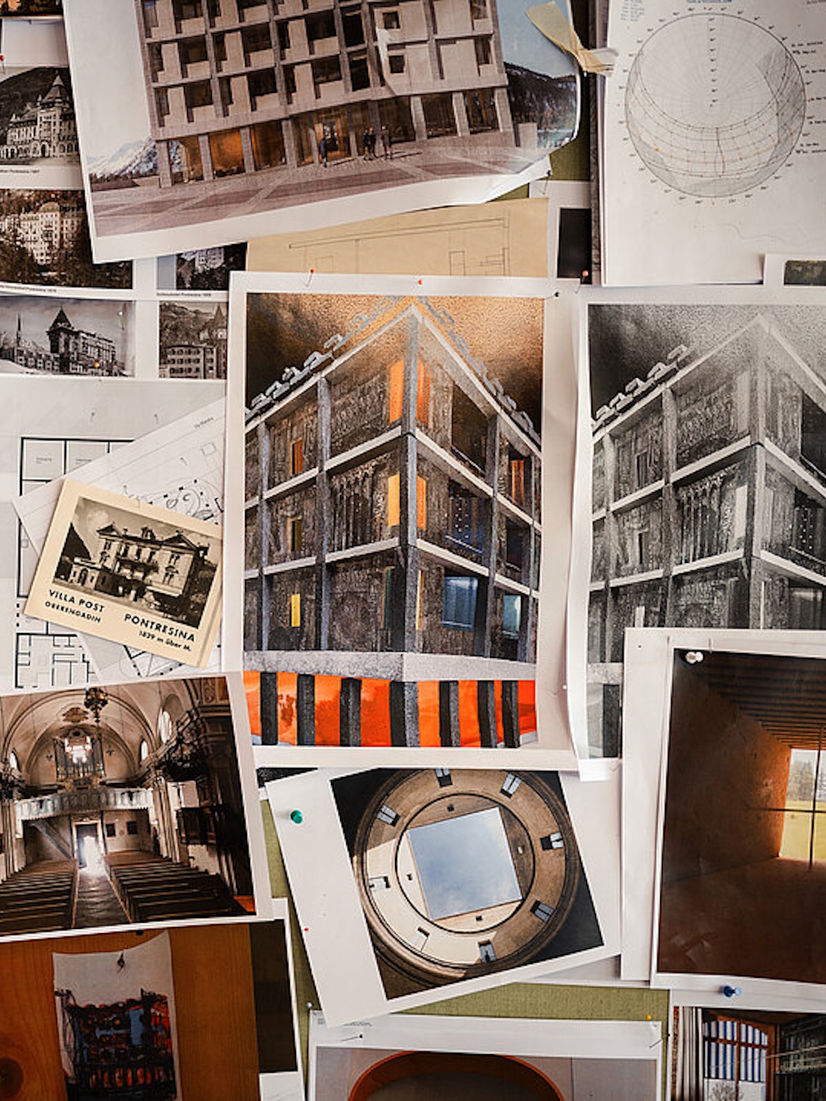 A collage of sketches architectural drawings in colour, pile of design sketches and plans Maistra 160 |by Gion A. Caminada Alpine Architecture in Switzerland