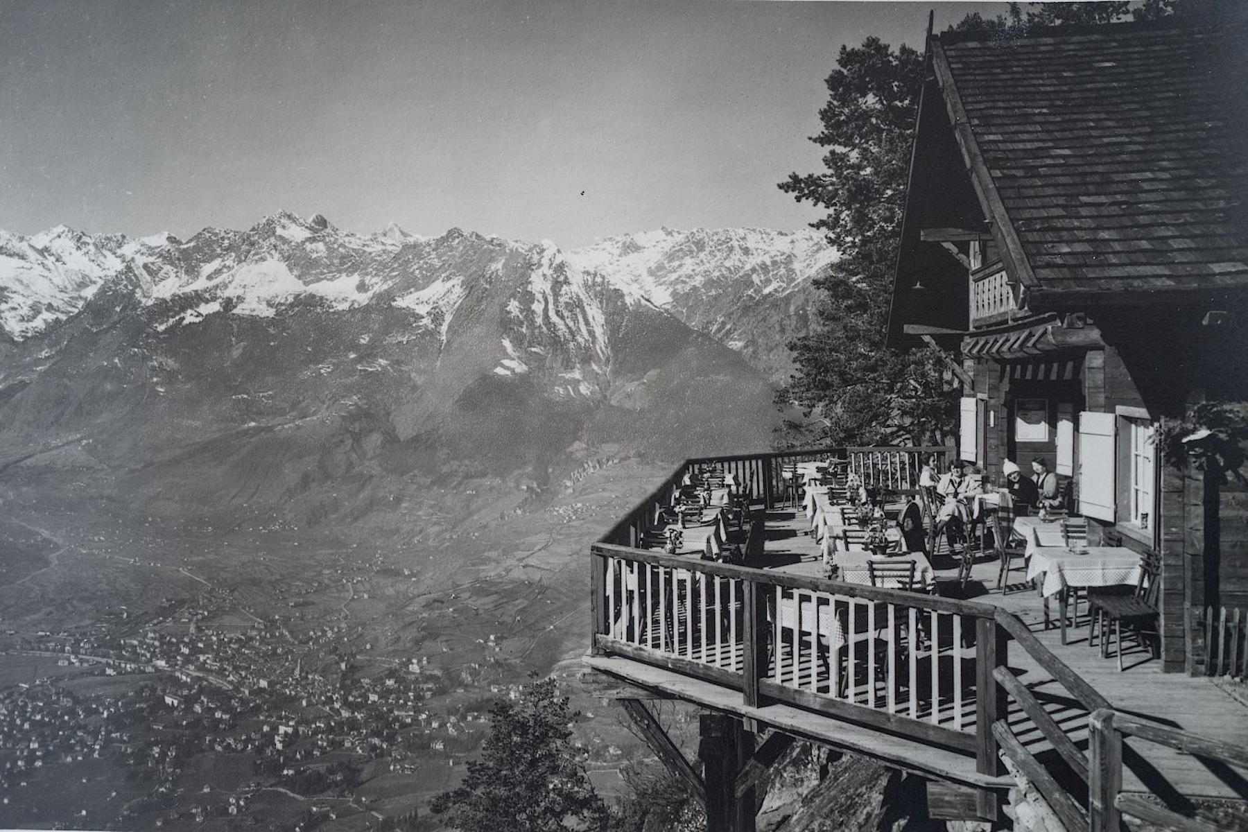 Historical Photograph Alpine Hotel Balcony overlooking the mountains, retro holiday vacation pictures