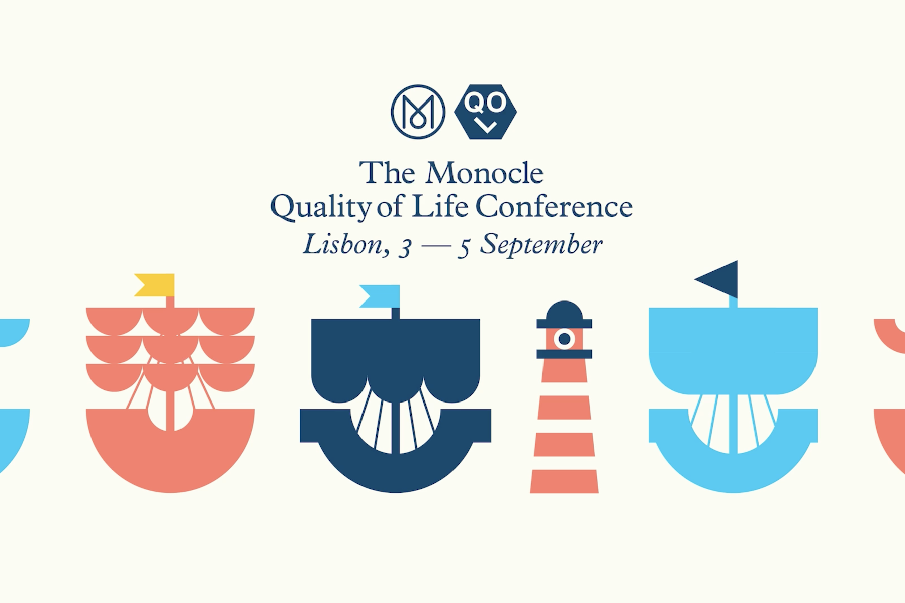 Illustrated poster for The Monocle Quality of Life Conference Lisbon 2026, showing three stylised sailing boats with red, blue and yellow flags on pale blue waves, below the Monocle and QOL logos and the dates Thursday 3 to Saturday 5 September.