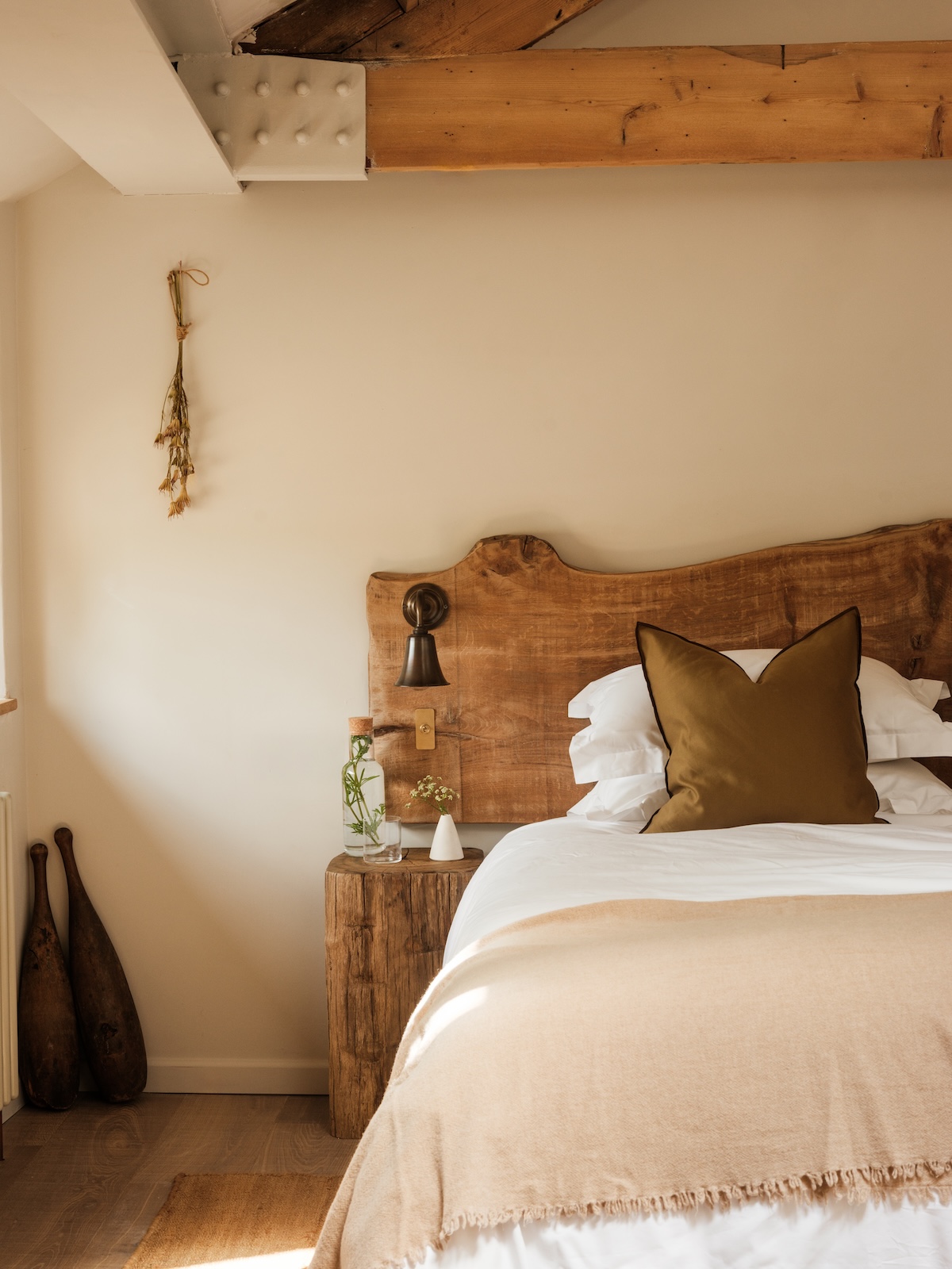 Modern Contemporoary Hotel Design interiors Designed by Johnny Smith of Smith & Willis white soft bedding, pastel wall paints, timber beams | Osip Bruton Somerset, England – Michelin Star Dining & Rooms | The Aficionados