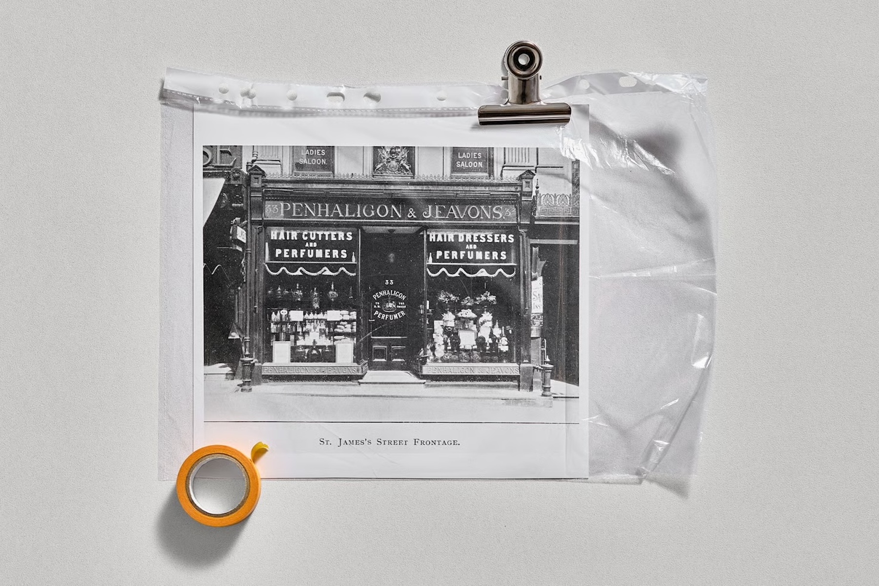 Historic black-and-white photograph of the Penhaligon & Jeavons hairdressers and perfumers shopfront on St James's Street, London