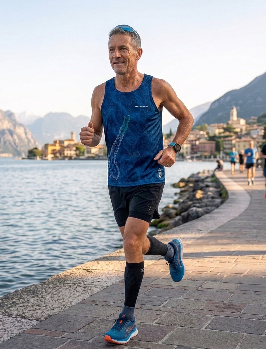 A PEAK Lake Garda 42 runner in a blue race vest on the Limone sul Garda lakefront promenade, the village and mountains behind him.