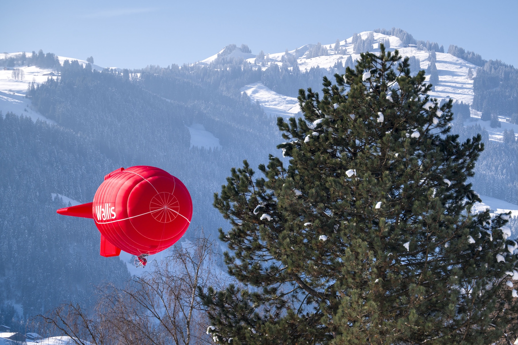 A colourful photo of Switzerland's famous hot air balloon festival, blue sky and balloons in it