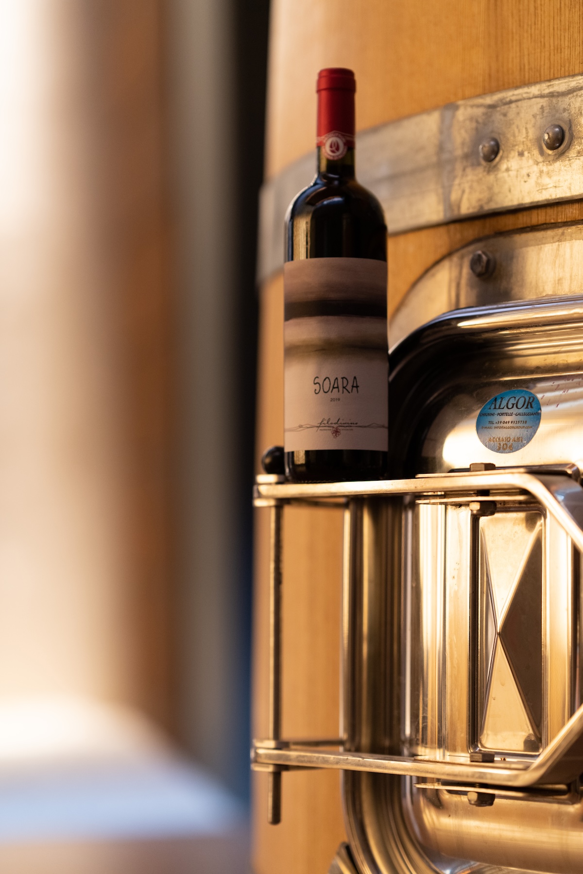A bottle of Soara Lacrima di Morro d'Alba by Filodivino resting against an oak barrel in the winery cellar, Le Marche Italy