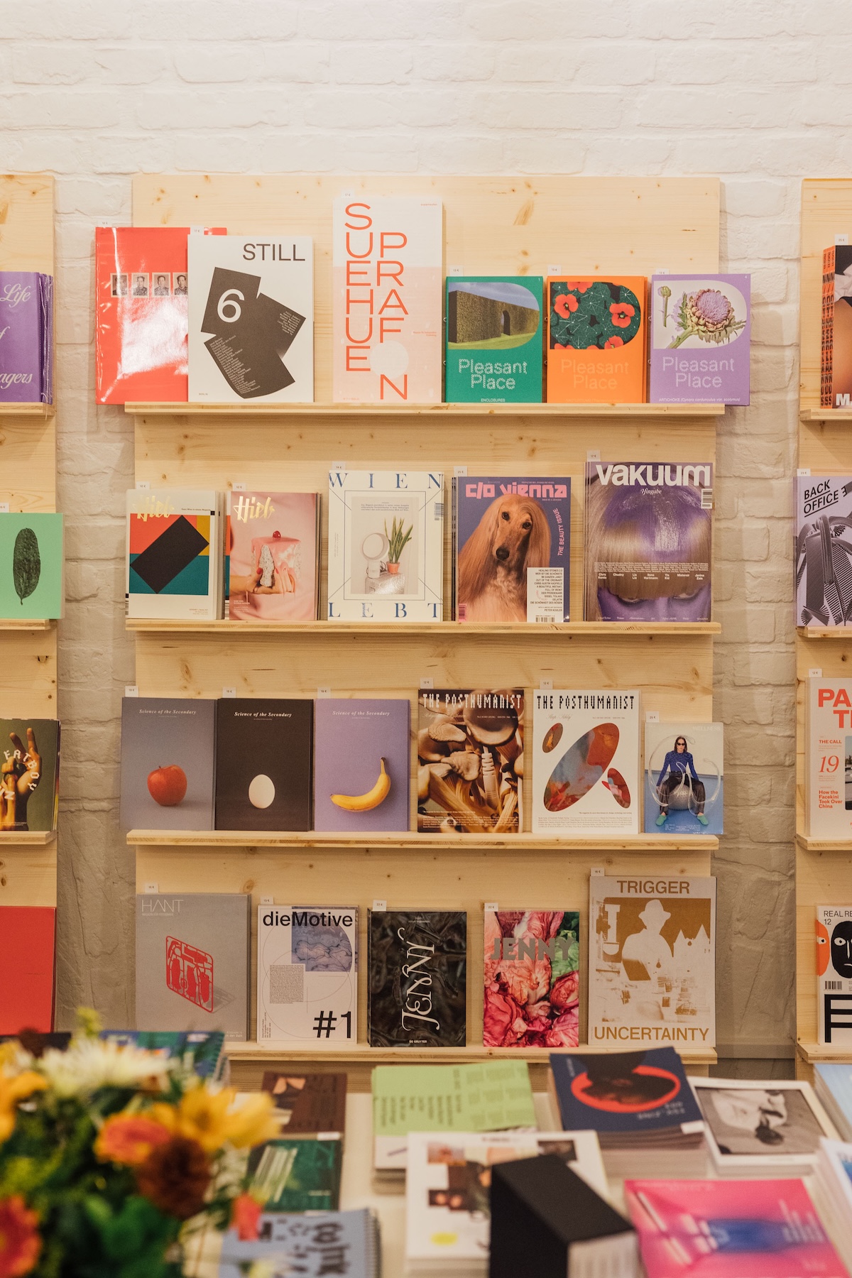 Close-up of Softcover's magazine shelves, featuring indie titles such as C/O Vienna, Wien Lebt and Pleasant Place.