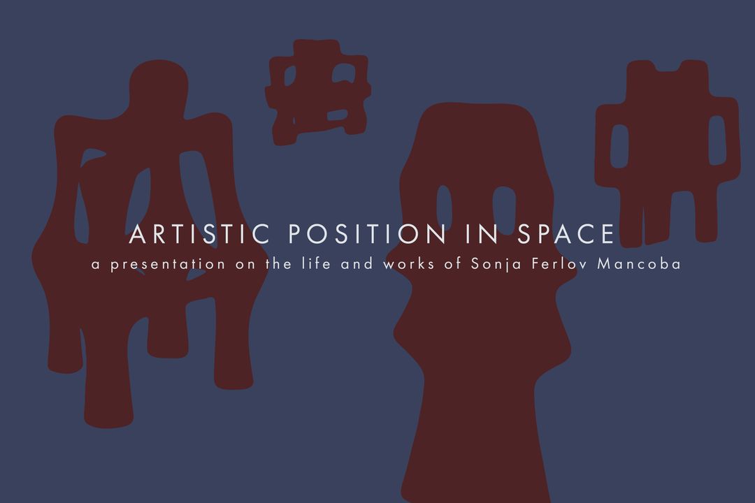 Title card for Artistic Position in Space by Agape and Agapecasa: the installation name above a line introducing a presentation on the life and works of Sonja Ferlov Mancoba, set against silhouetted bronze sculptures.