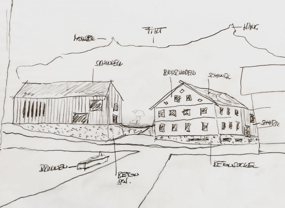 Scetch of a new build in Bregenzerwald Austria. | Pencil Architecural drawing showcaseing Tempel 73 Hotel |Wild Escapes: Boutique Hotels, Rewilding, Architecture, Sustainable Travel