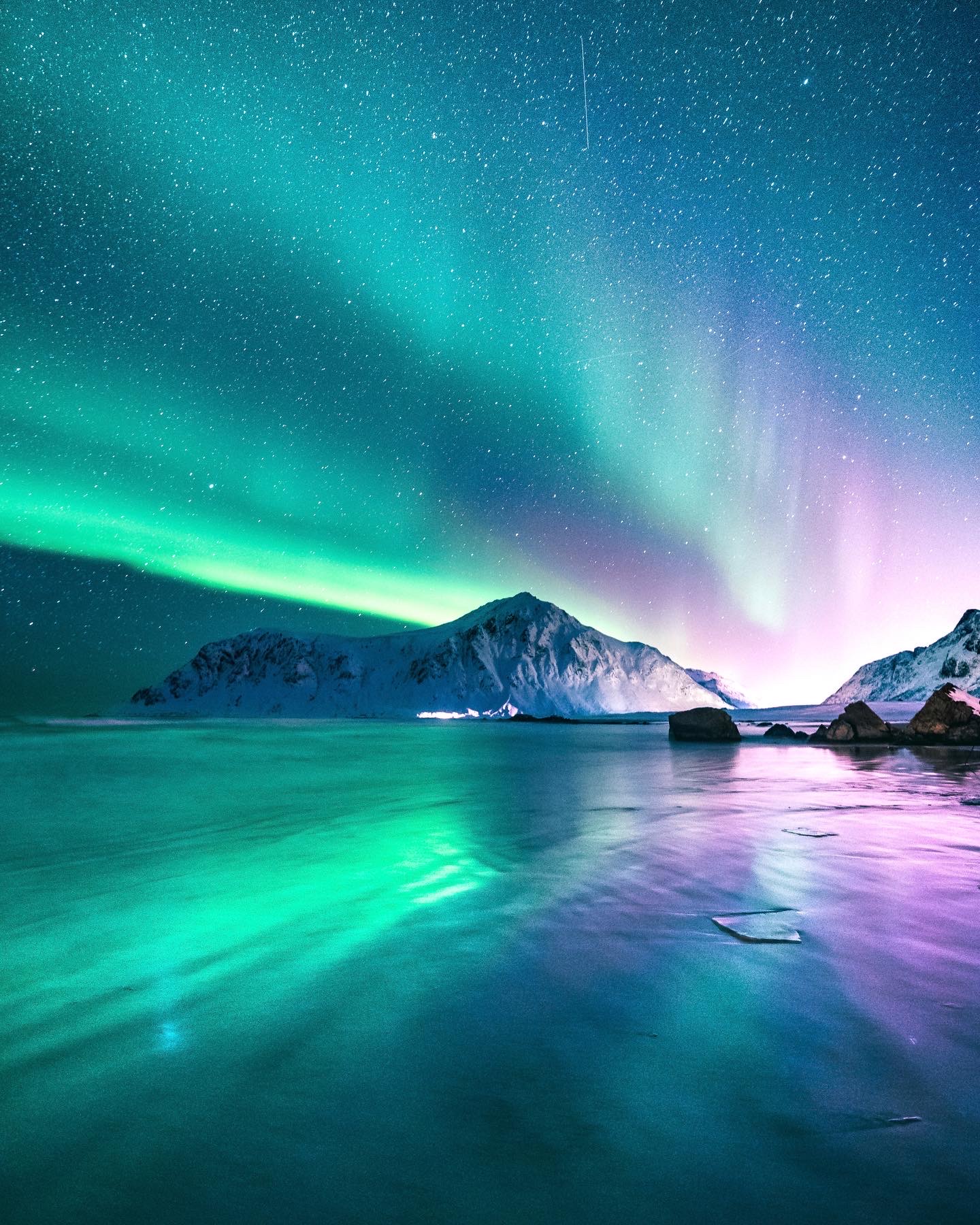 Northern lights in green and violet over a snow-capped peak and shoreline, reflected in the water, Lofoten | The Aficionados