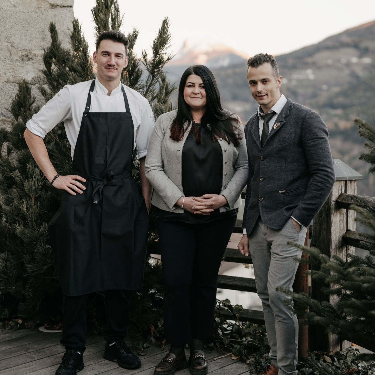 Chef René Tschager, owner Elisabeth Rabensteiner and sommelier Bastian, Ansitz Steinbock, South Tyrol