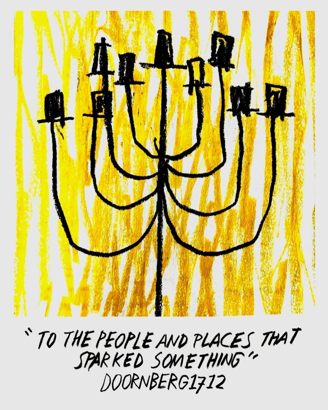 A WERK No. 34 page by Theseus Chan, a loose black candelabra drawn over yellow crayon, hand-lettered beneath with 